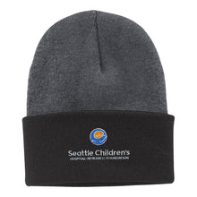 Load image into Gallery viewer, Gray knit cap with dark gray fold with full color logo.
