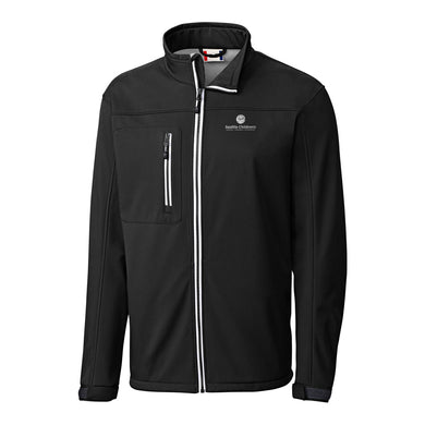 Clique Men's Telemark Softshell. Color: Black with white front zipper and right chest pocket zipper. Logo on left side chest.