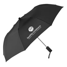 Load image into Gallery viewer, Black umbrella with white logo.
